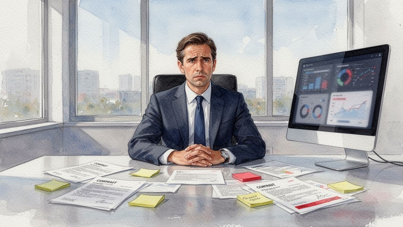 Executive sits at desk surrounded by scattered contracts, confusing dashboards, and sticky notes on tool sprawl.