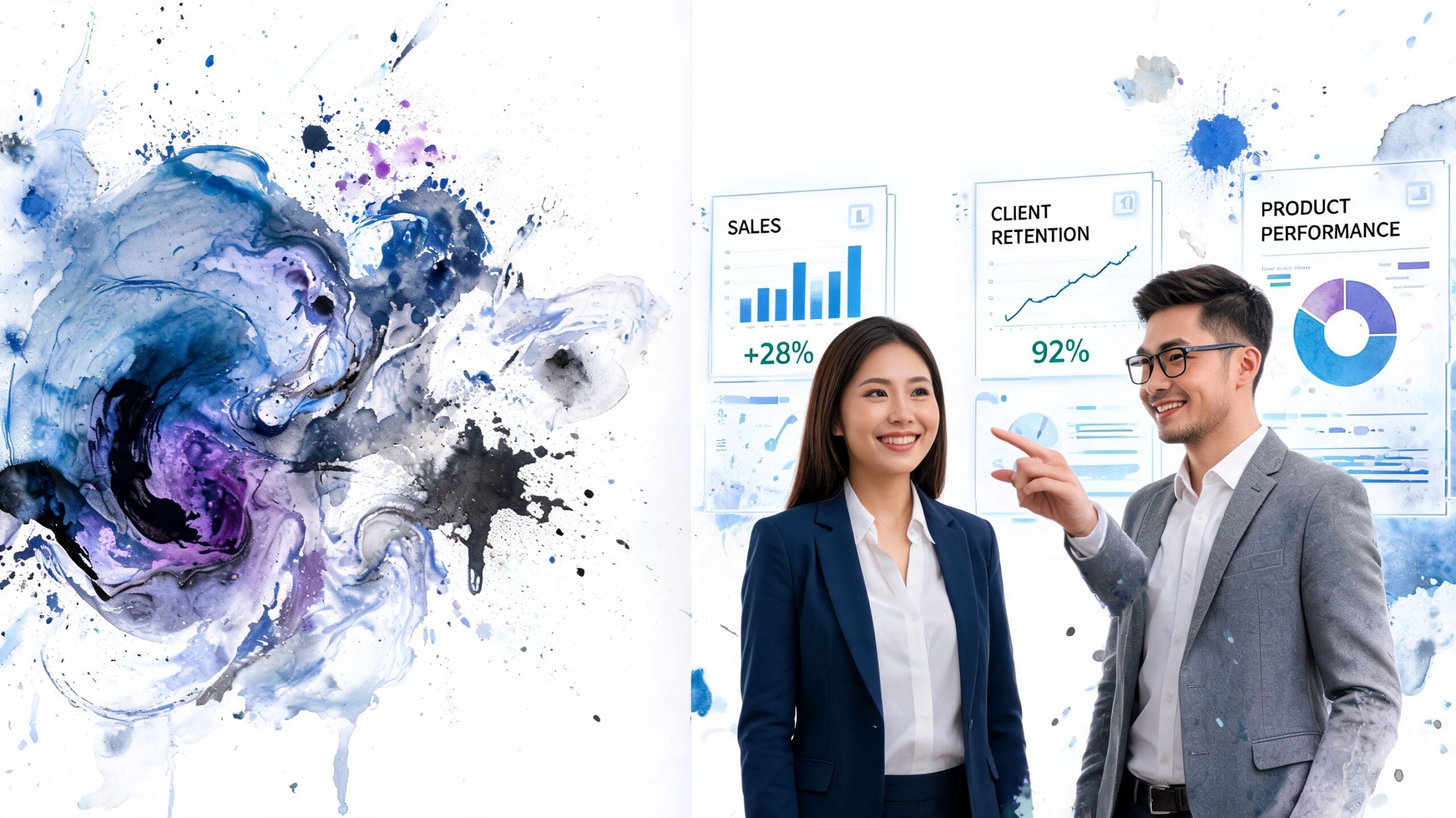 A professional man and woman discussing digital business performance charts and data visualizations in a modern office.
