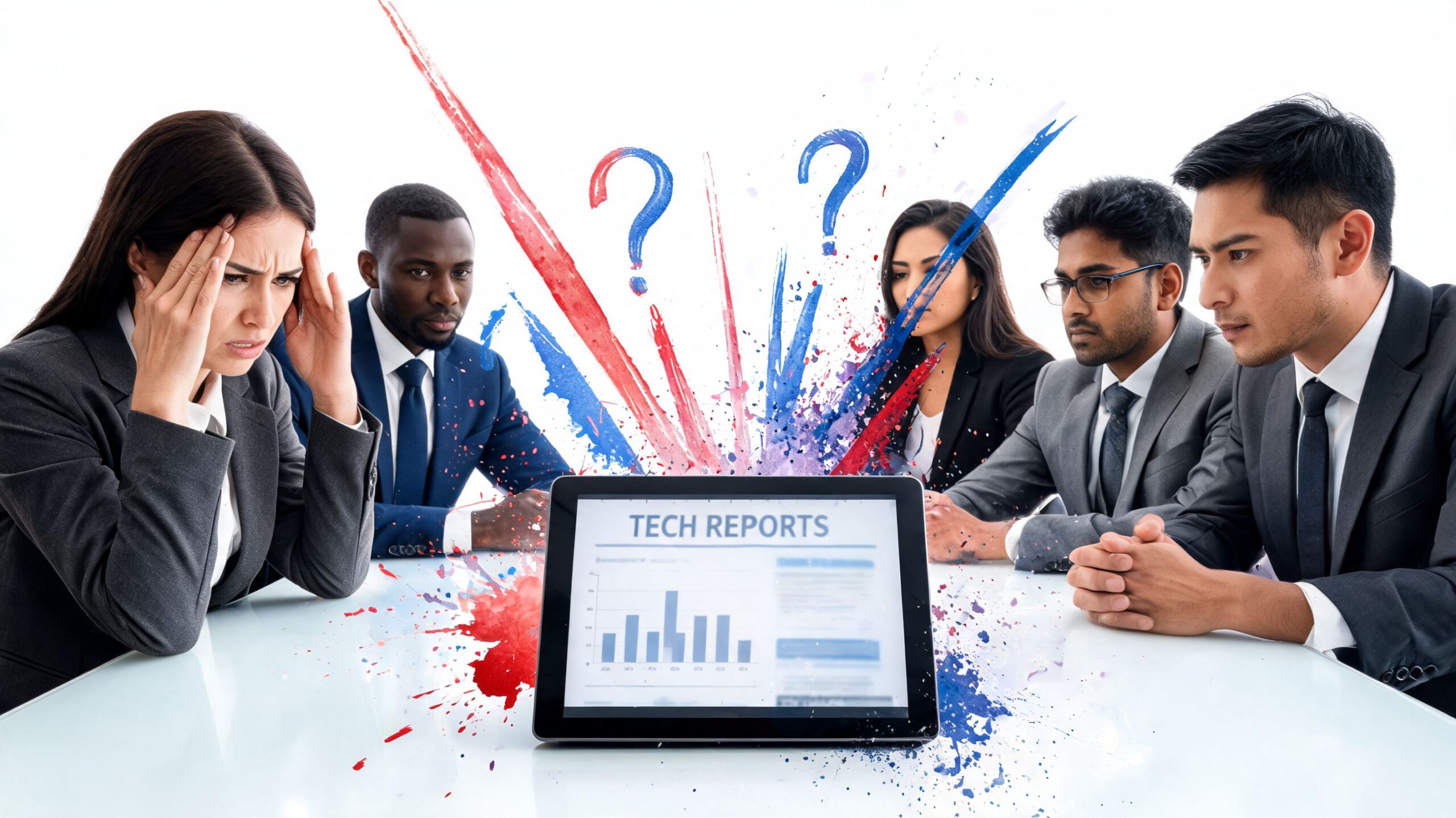 A diverse group of business professionals look stressed while reviewing technology reports on a digital tablet screen.
