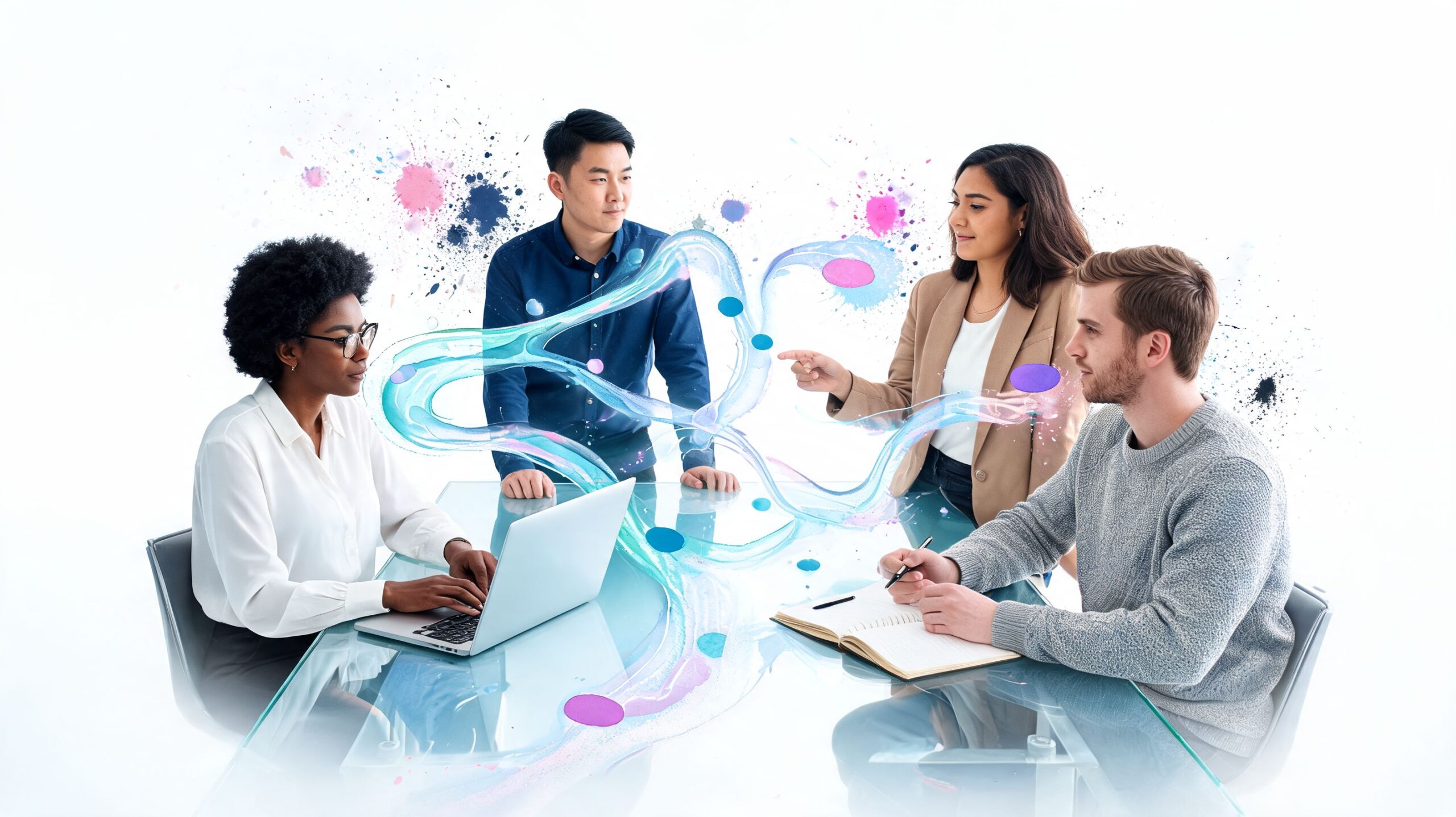 A diverse team of professionals collaborating around a glass table with digital visualization graphics.
