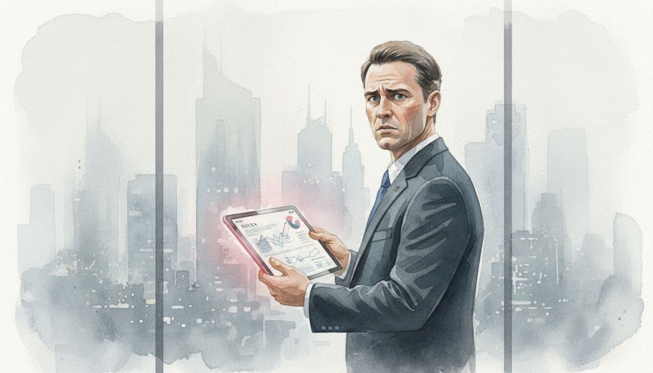 Executive stands before foggy window overlooking city skyline, holding tablet with blurred risk dashboard, uncertain expression.