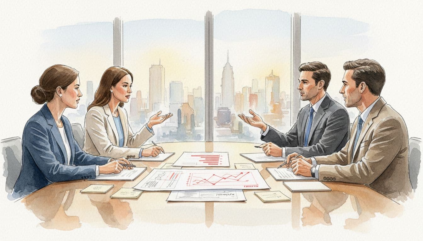 Four executives discuss paper charts and notes at boardroom table in watercolor style with city view.
