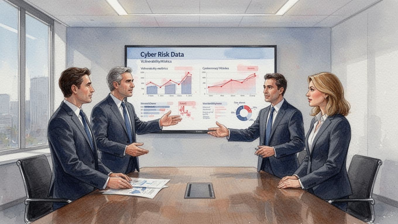 Three executives in business attire discuss cyber risk charts in a modern boardroom, CEO pointing at wall-projected vulnerability metrics with red highlights.