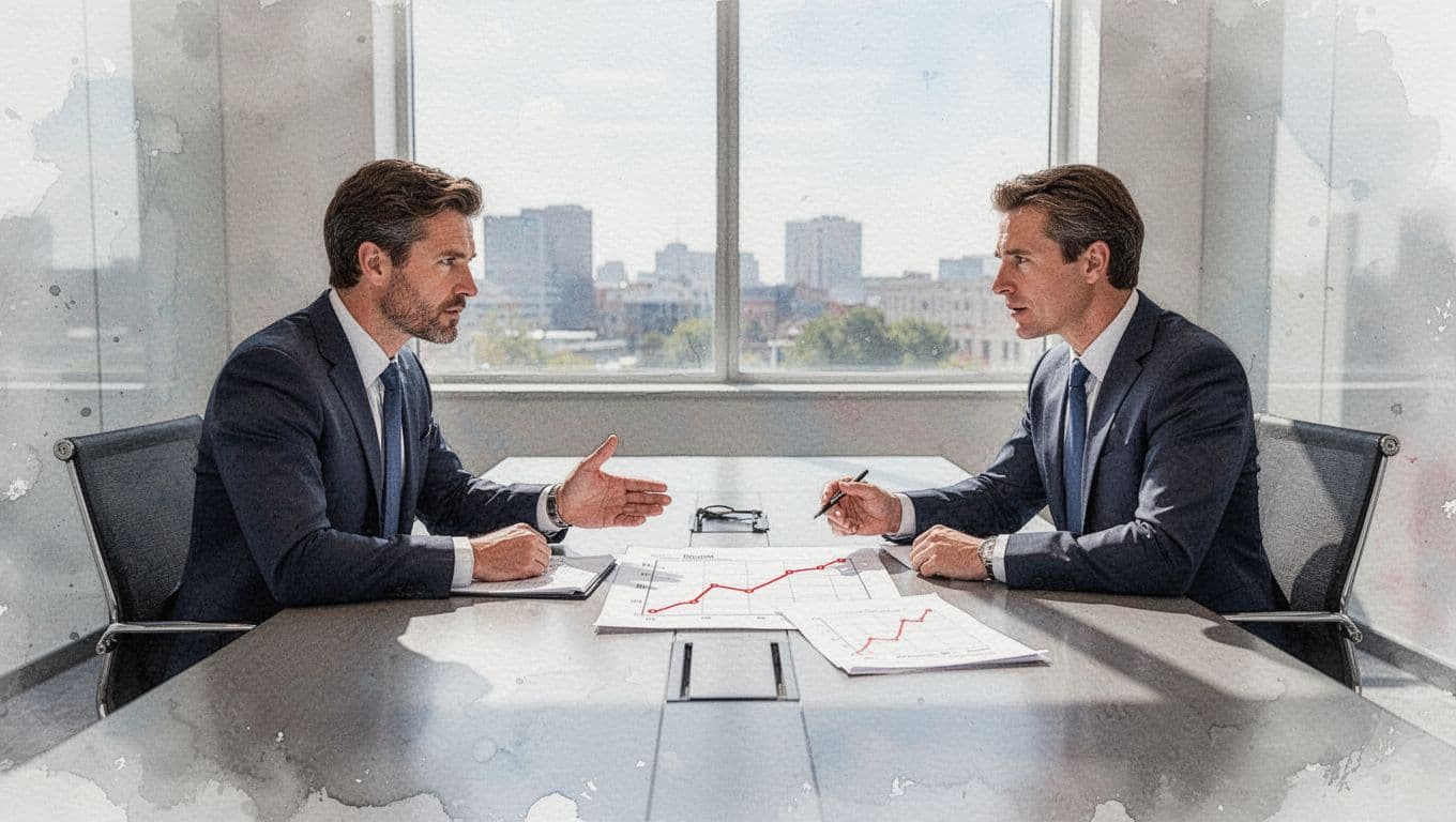 Two executives in a modern conference room discuss a cybersecurity report, one pointing to a simple red-accented chart amid documents, in watercolor style with natural daylight.