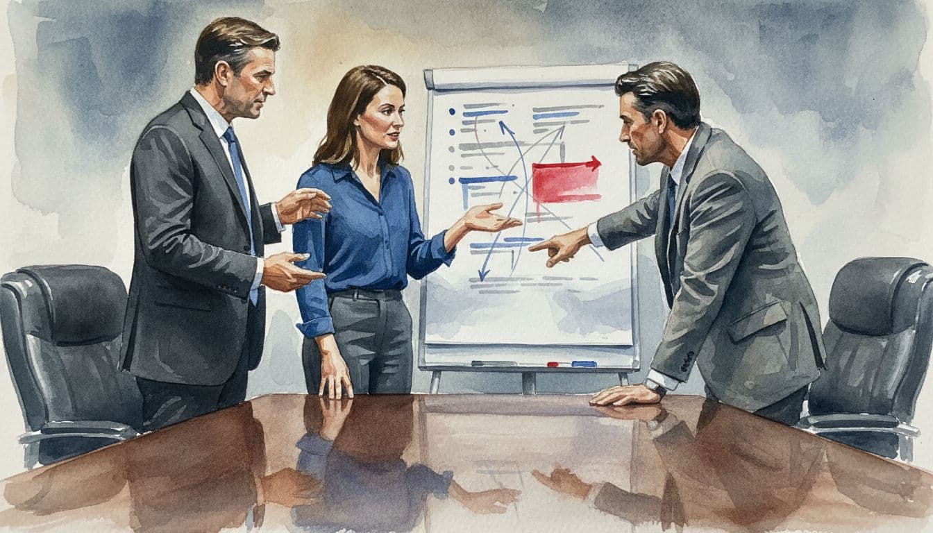 Three executives around a table in dim conference room point at watercolor flipchart with abstract marks.