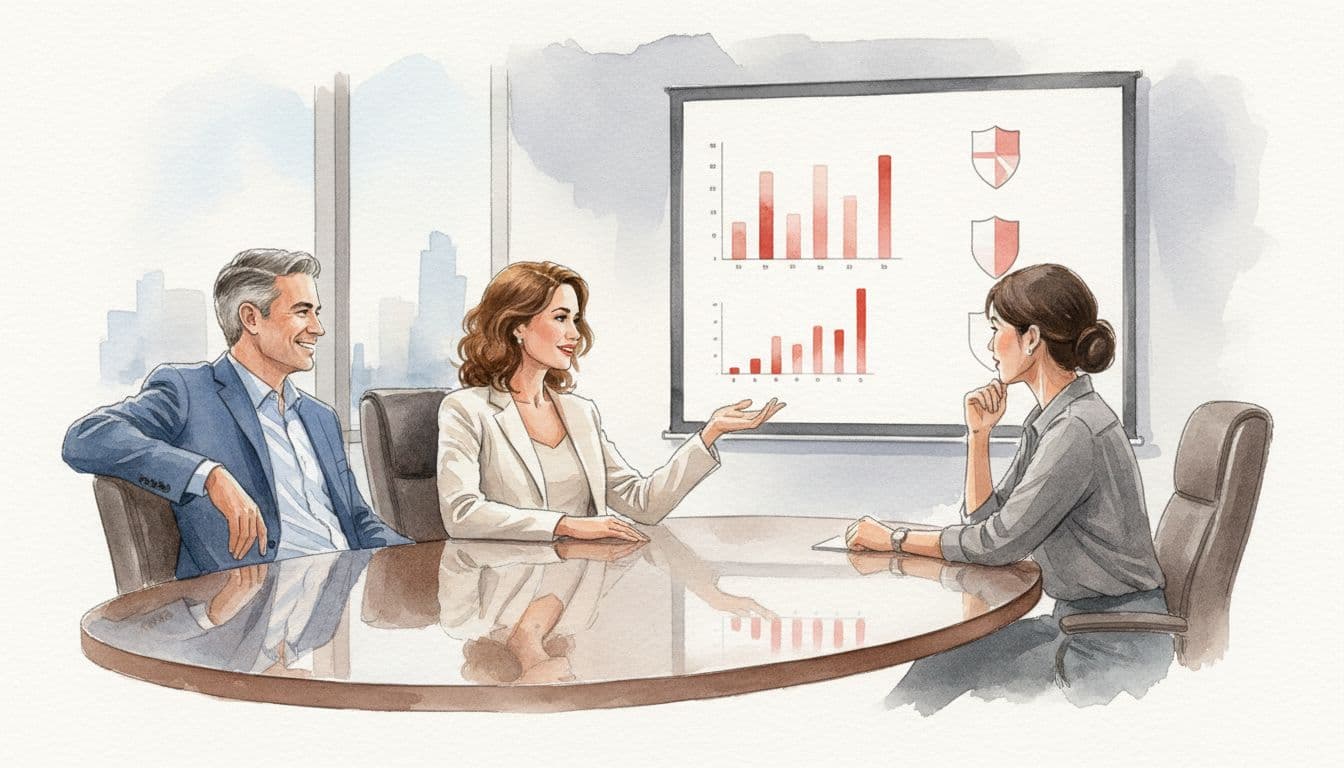 Three executives seated around boardroom table view projected dashboard with bar charts and risk indicators.