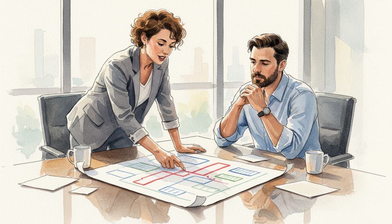 Two executives at a modern conference table review paper tech roadmap, one pointing to priorities in watercolor style.