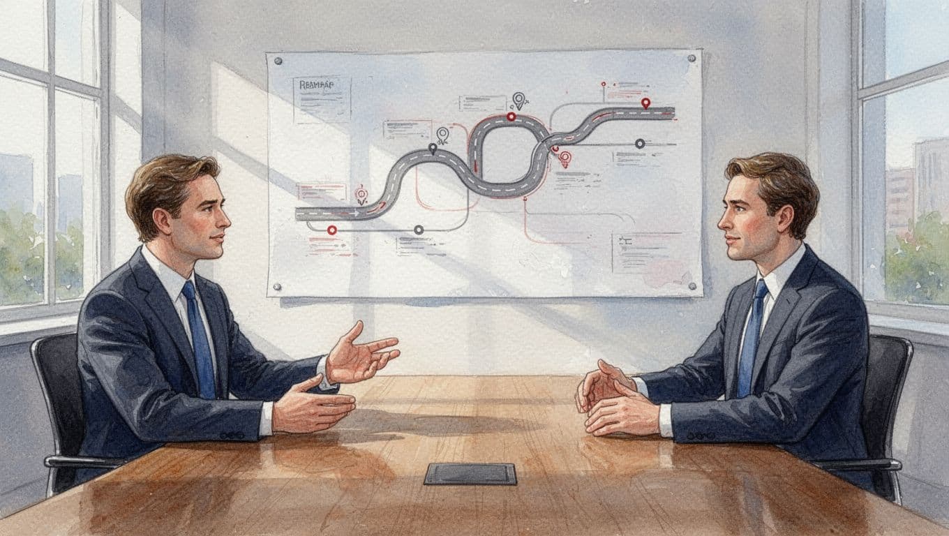 Three executives around conference table view wall-mounted roadmap with red accents, one gesturing, watercolor style.