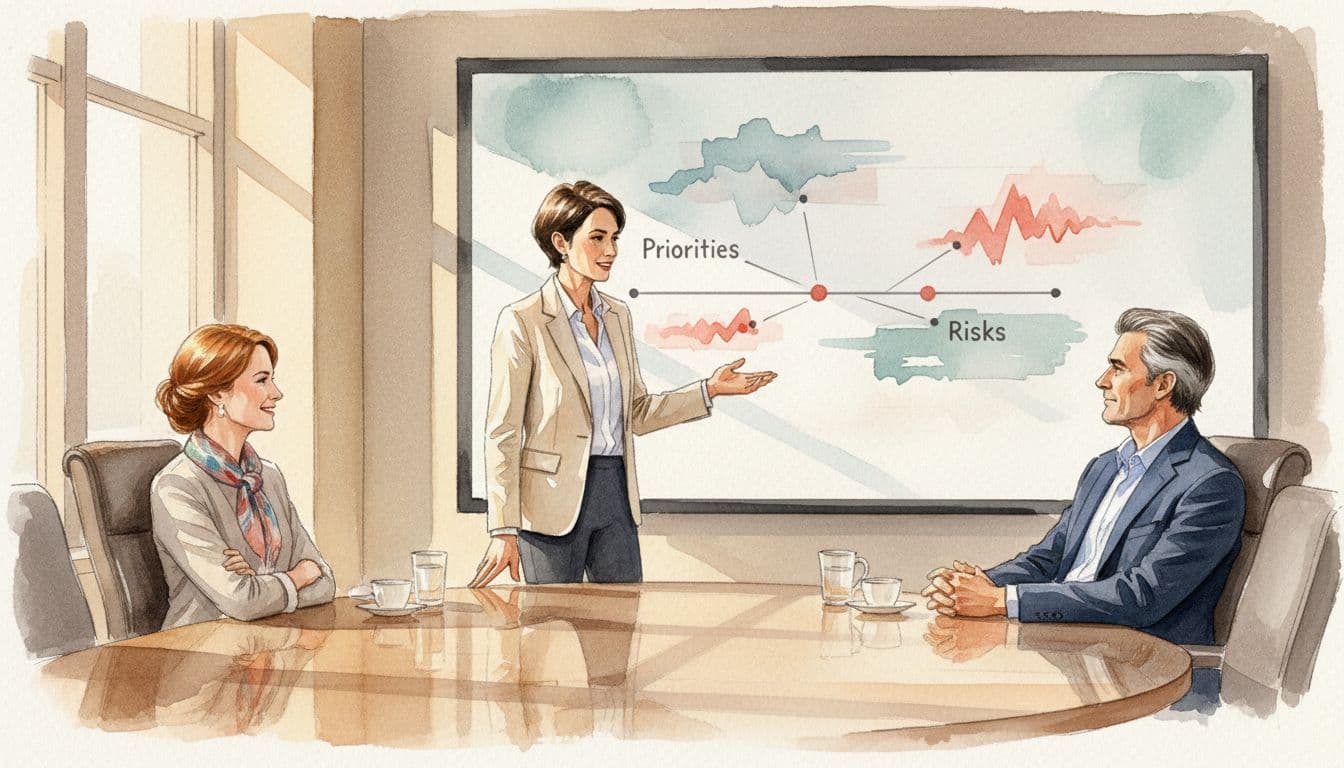Three executives, two seated one standing, discuss projected roadmap diagram in boardroom, watercolor style.