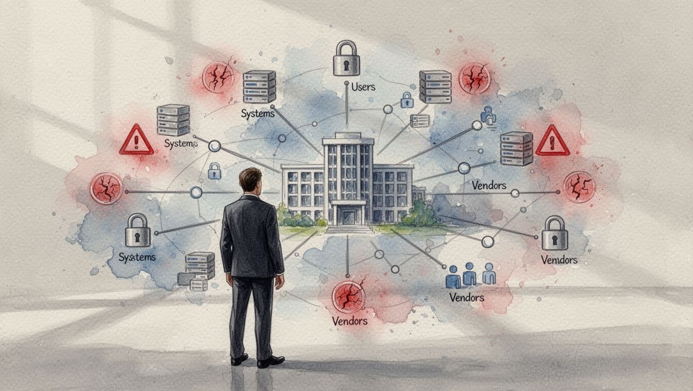 Watercolor shows central building expanding into connecting nodes for systems, servers, vendors, and users, with outward risk indicators like cracked locks, and watchful executive in foreground.