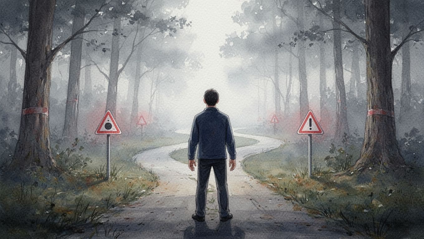 Watercolor of a lone leader standing at misty forest crossroads with faint warning signs.