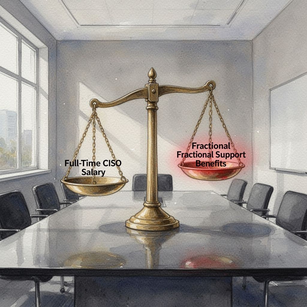 Balance scale in empty boardroom weighs heavy full-time CISO costs against lighter red-accented fractional benefits in watercolor style.