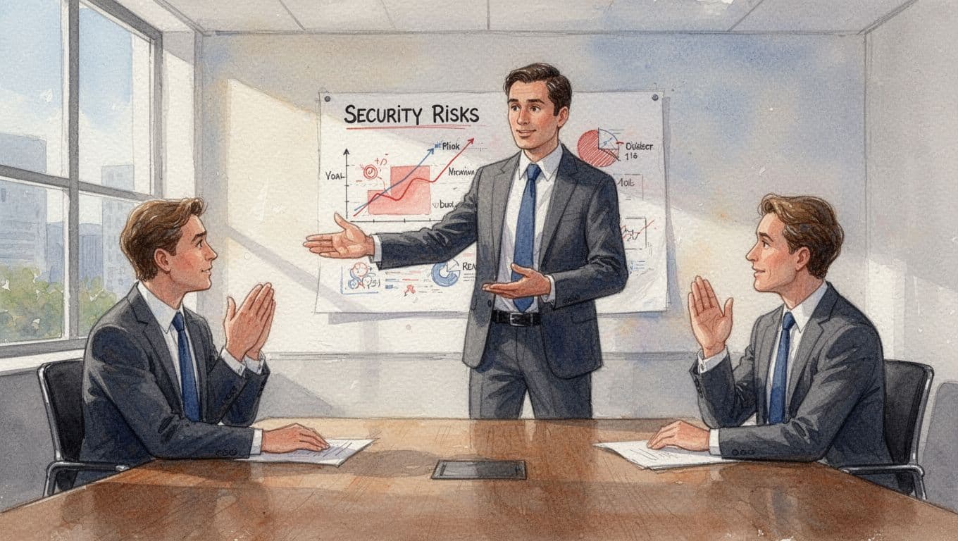 One executive stands presenting a paper chart on security risks to two attentive seated colleagues in a sunlit modern conference room, watercolor style.