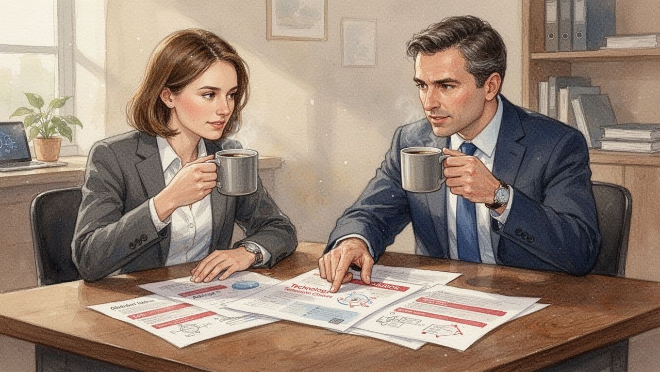 Fractional CTO and CEO review documents at desk with coffee mugs, hands relaxed, in watercolor style with cozy lighting.