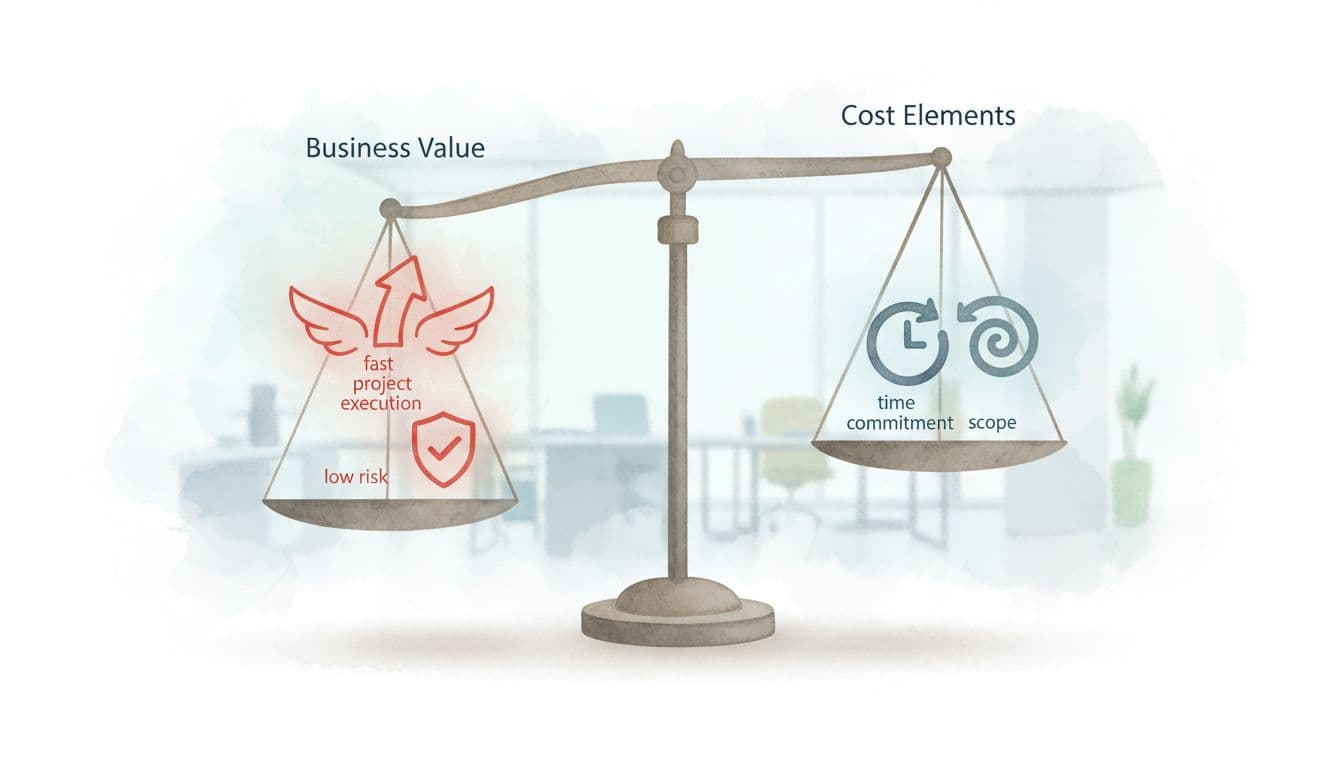 Watercolor balance scale weighs red business value icons against cost icons on minimalist office background.