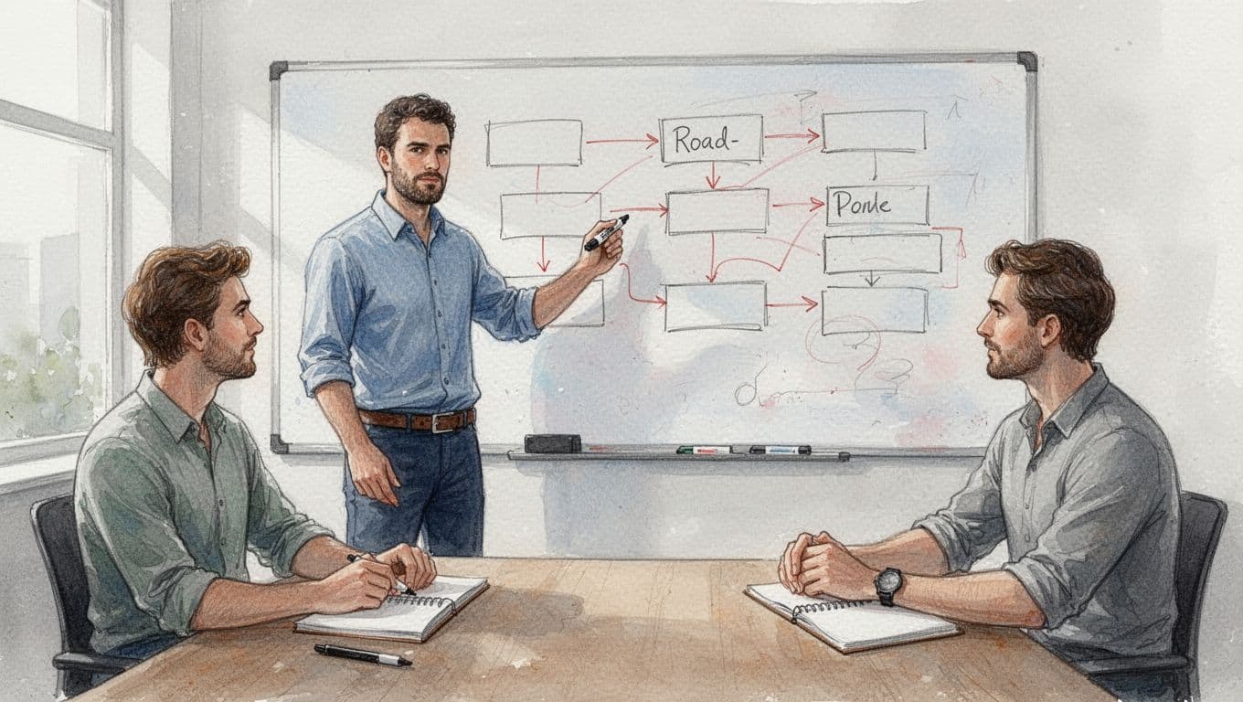 Executive in smart casual draws roadmap boxes and arrows on whiteboard while two team members sit attentively at table.