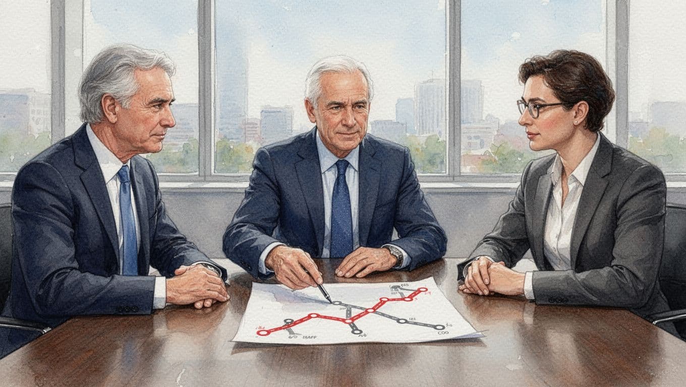 Three executives at conference table; one points to watercolor paper roadmap linking business goals to tech priorities.