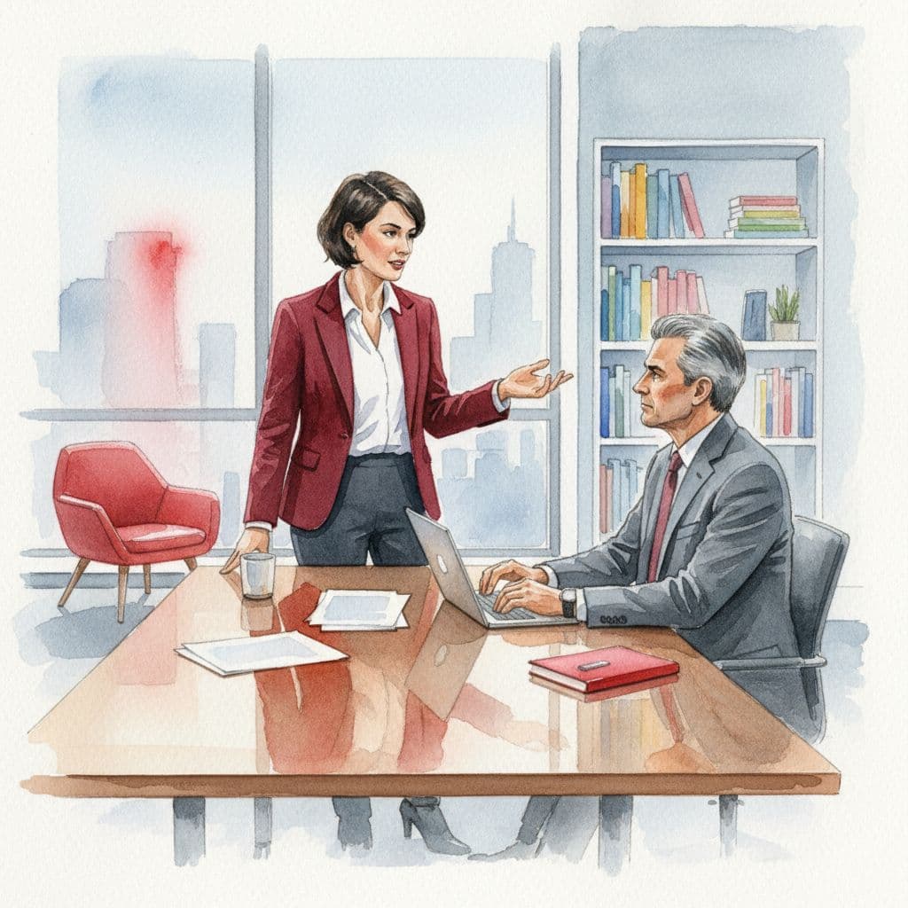 A focused professional meeting occurs inside a brightly lit office with soft watercolor brush textures. A fractional CTO and CEO discuss strategy, featuring a bold red accent and a laptop.