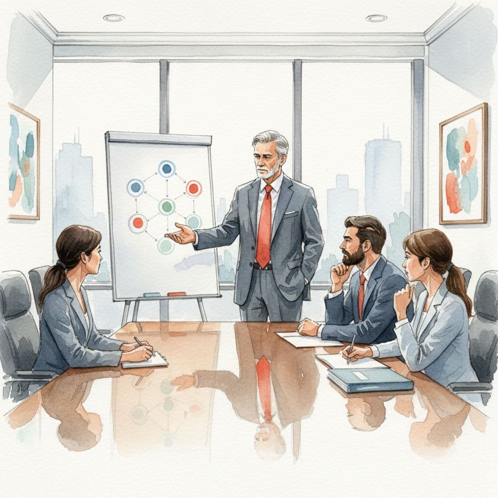 A technology advisor stands by a whiteboard presenting a strategic diagram to a seated executive team.