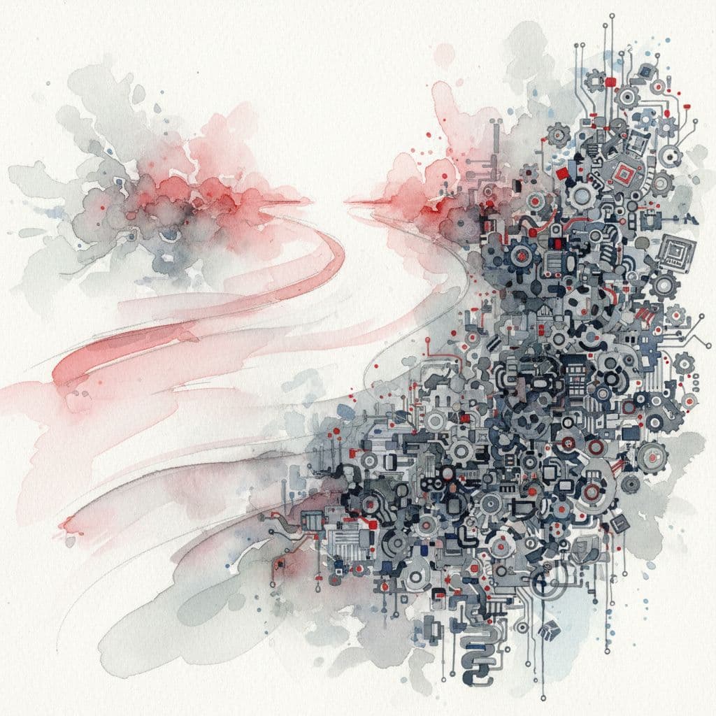 An abstract watercolor illustration comparing a light, strategic path with a complex cluster of mechanical operational shapes.