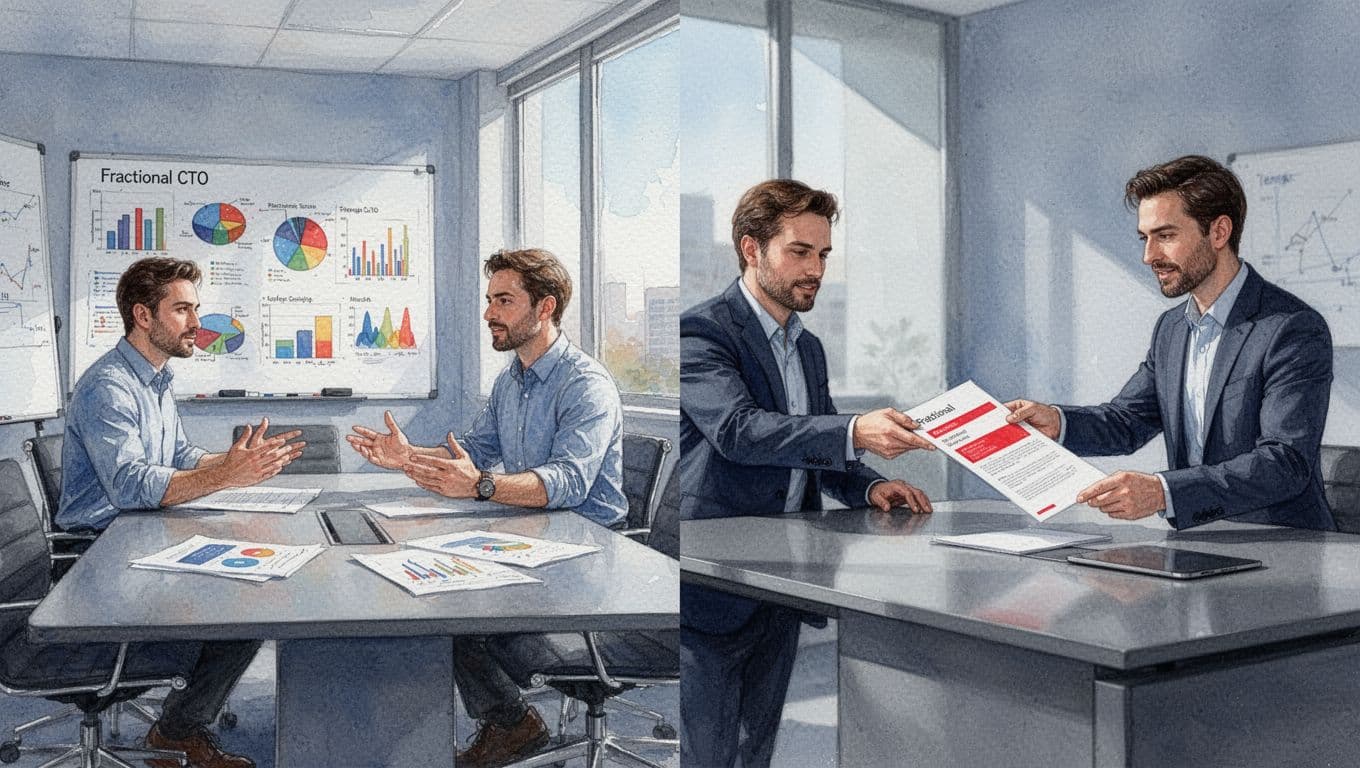 Watercolor side-by-side: CTO leads strategy talk with two executives at table with charts; consultant hands report to CEO.