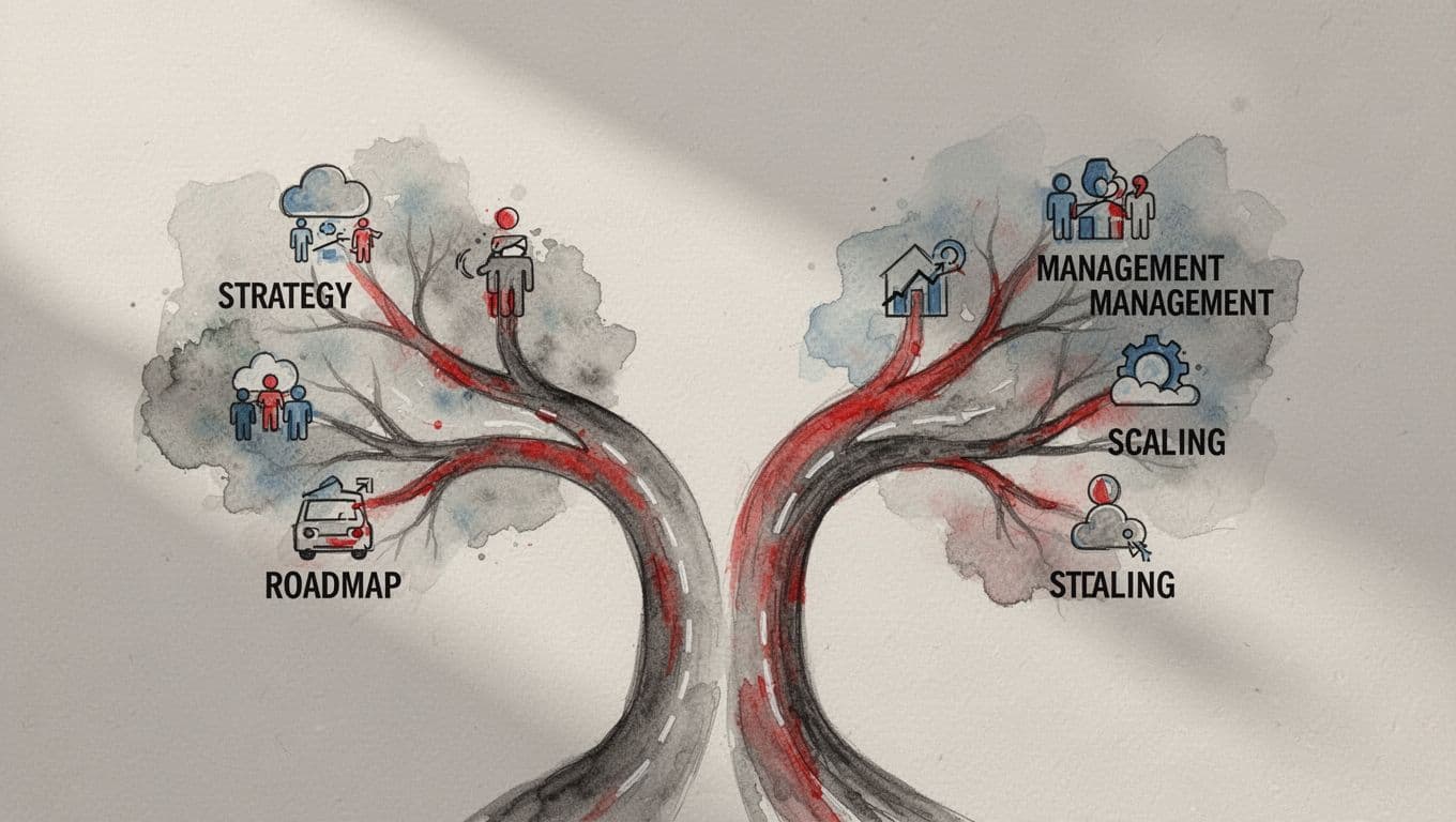 Watercolor decision tree with two paths: one featuring strategy, roadmap, risk icons; the other team management, code delivery, scaling icons.