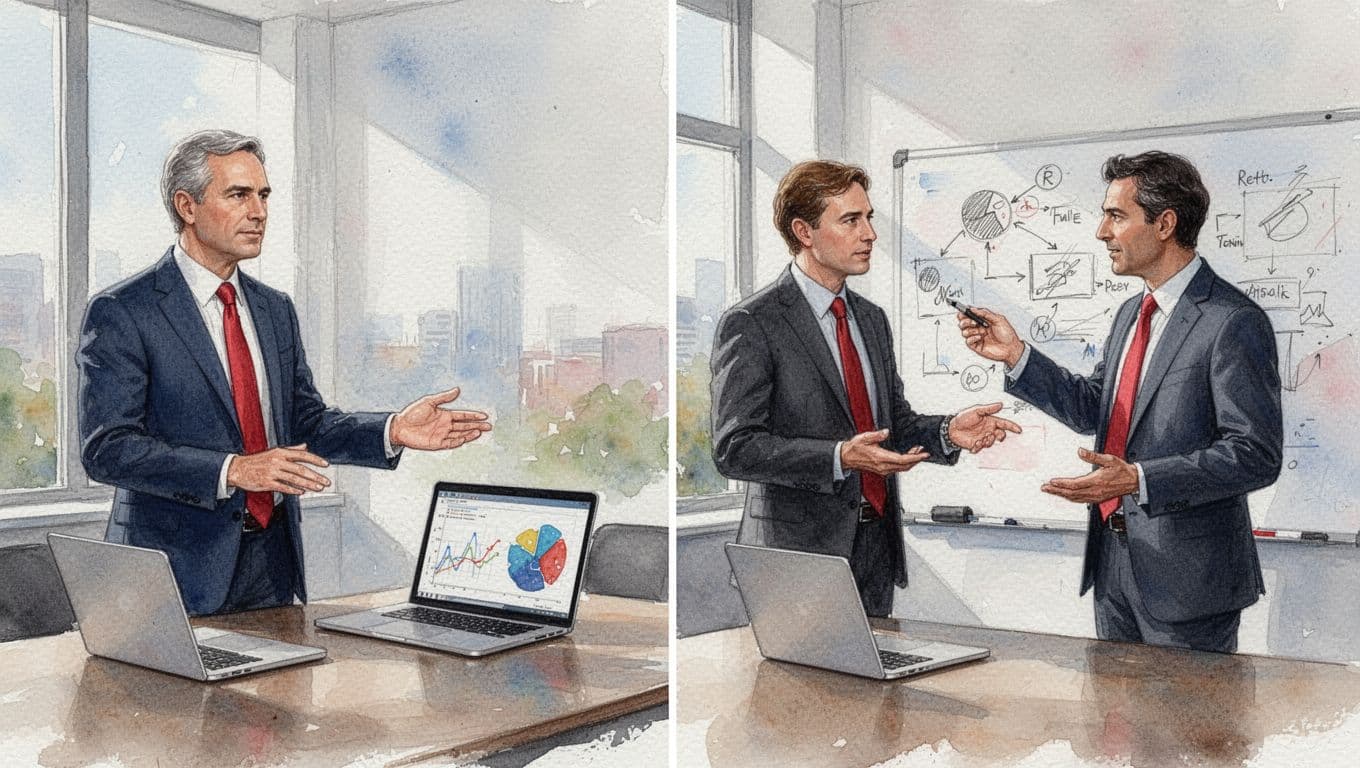 Watercolor split-view: relaxed executive advising small team with charts left, busy CTO leading larger team with whiteboards right.