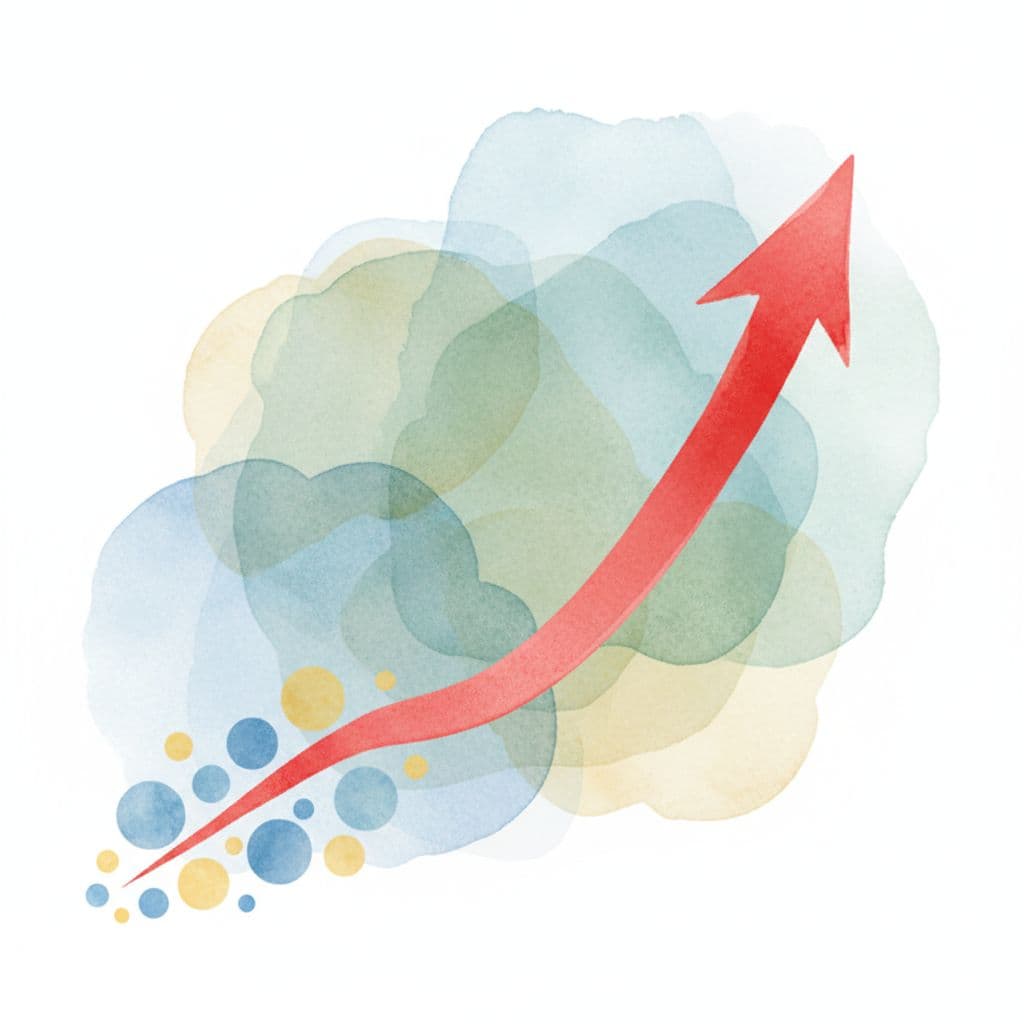 A minimalist watercolor illustration shows a rising upward trend line on a clean chart with red accents.