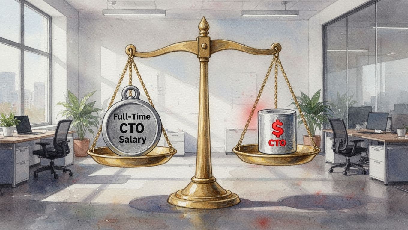 Watercolor scale balances full-time CTO salary weights against fractional benefits icons on modern office background.