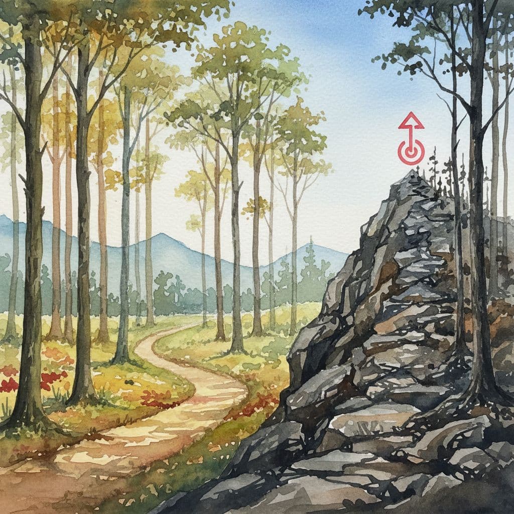 A watercolor painting depicts a split forest trail representing two distinct leadership career paths.