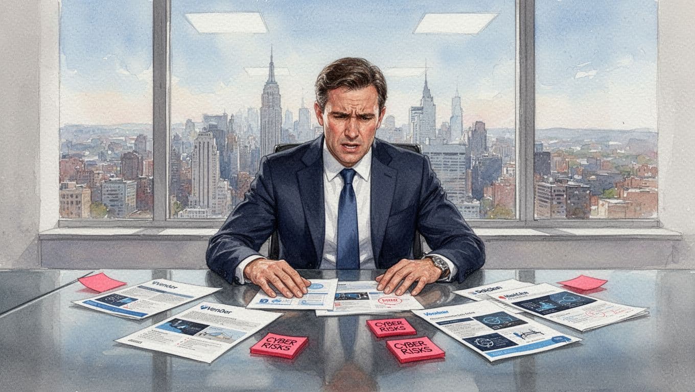 CEO sits at modern office desk cluttered with vendor brochures and red-accented sticky notes on tools and cyber risks, looking determined toward growing city window, in watercolor style.