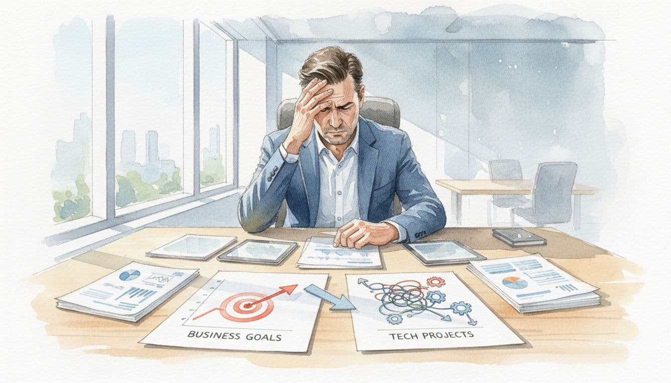 Frustrated COO in modern office examines mismatched charts on business goals and tech projects, hand on forehead.