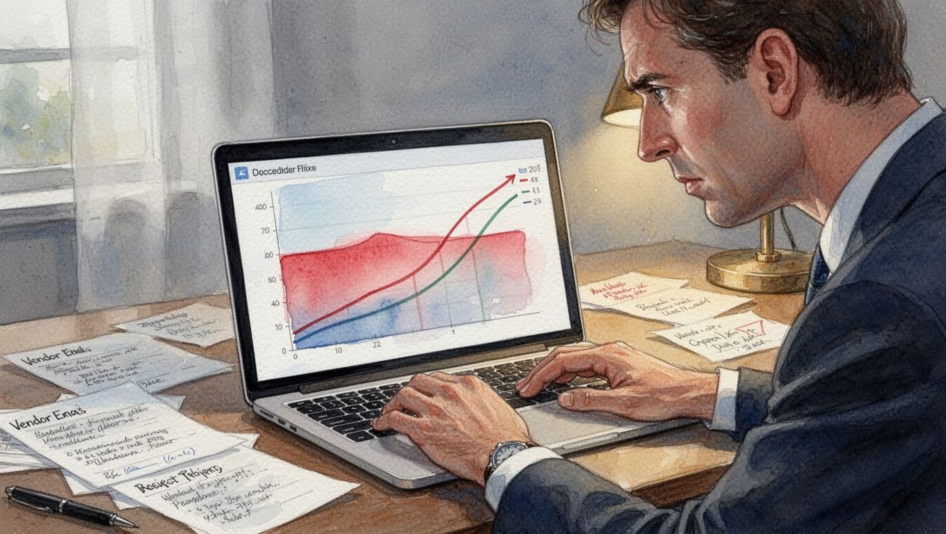Frustrated COO at home office desk views laptop screen with plateaued growth chart and surging competitors amid vendor emails.