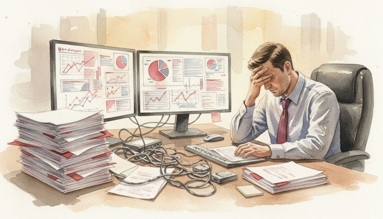 Frustrated executive rubs temple at desk with stacked reports, tangled cables, and chaotic dashboard screens in watercolor style.