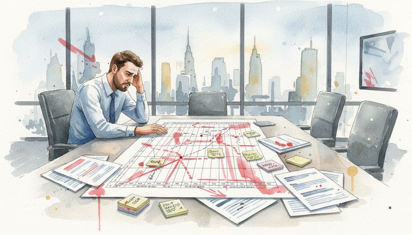 Frustrated executive at conference table examines Gantt chart with red overdue markers amid scattered vendor proposals and sticky notes in watercolor modern office.