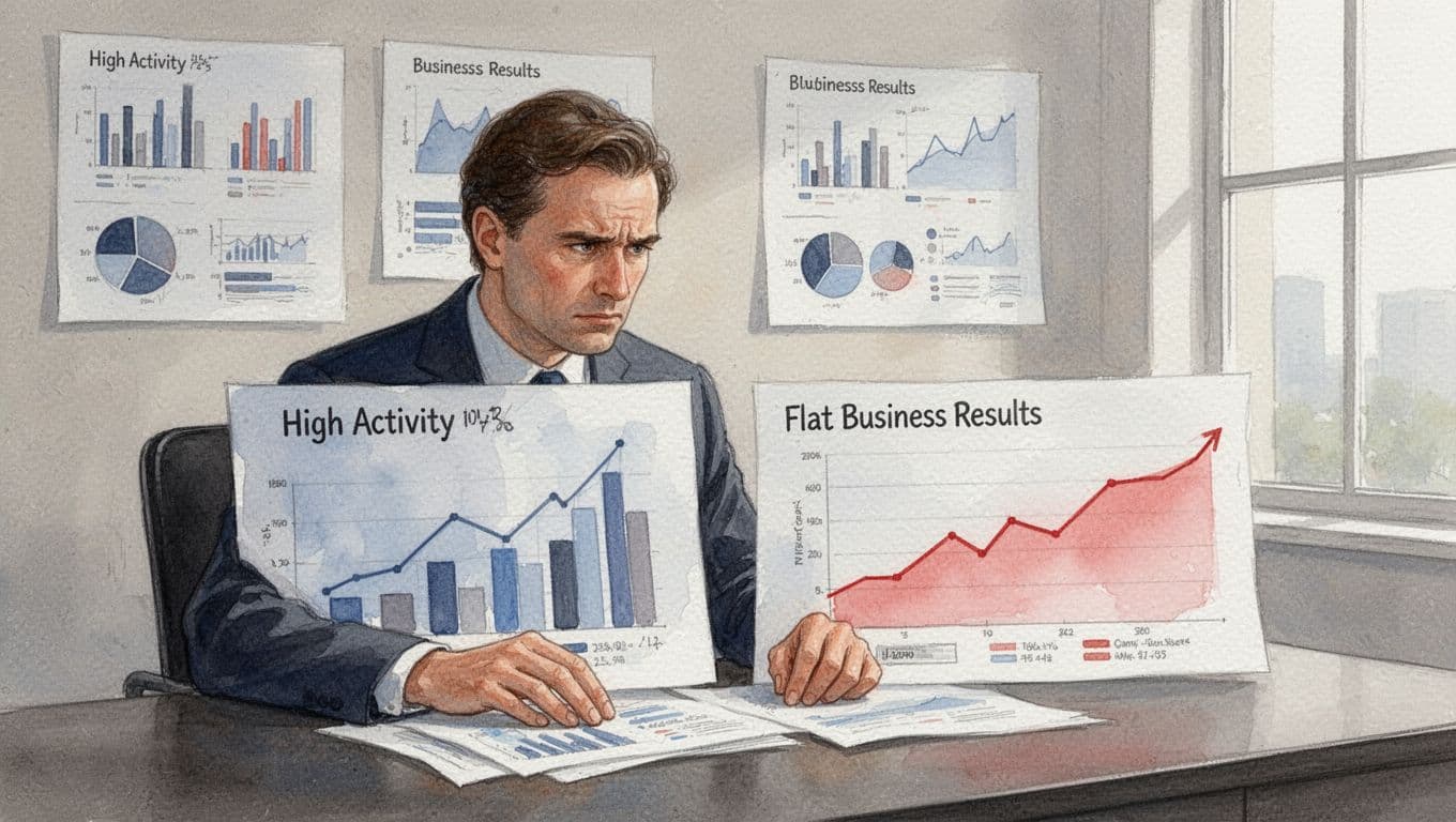 Frustrated executive at desk reviews side-by-side charts of high activity metrics and flat business KPIs in watercolor style.