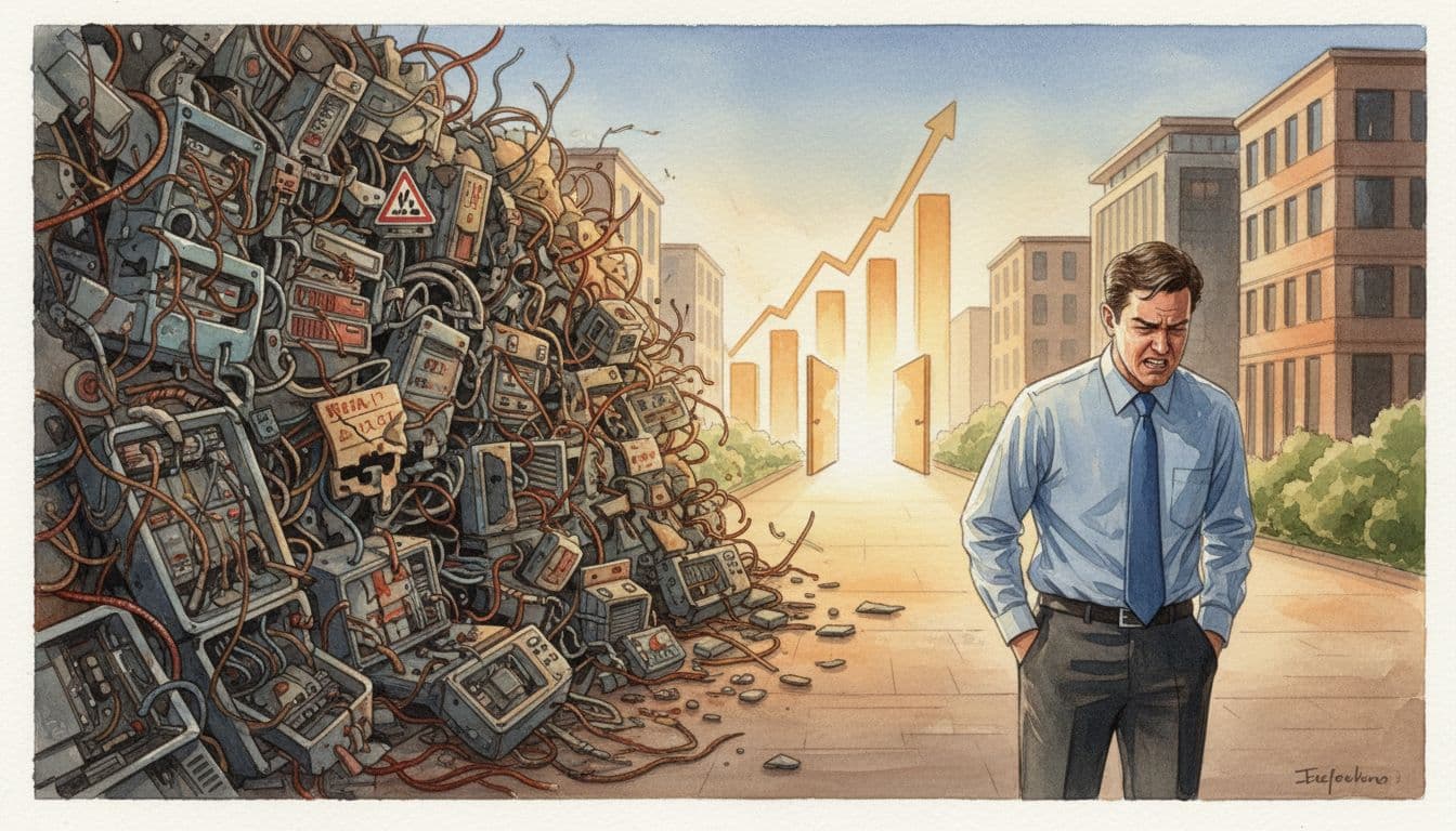 Frustrated business executive with hands in pockets stands before tangled cables, rusted servers, and crumbling structures blocking path to rising charts.