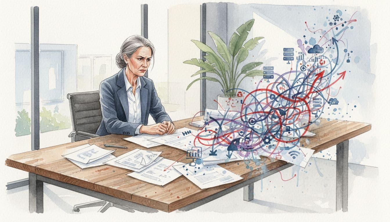 Frustrated senior executive at wooden desk with scattered papers and chaotic watercolor charts of tangled tech icons.