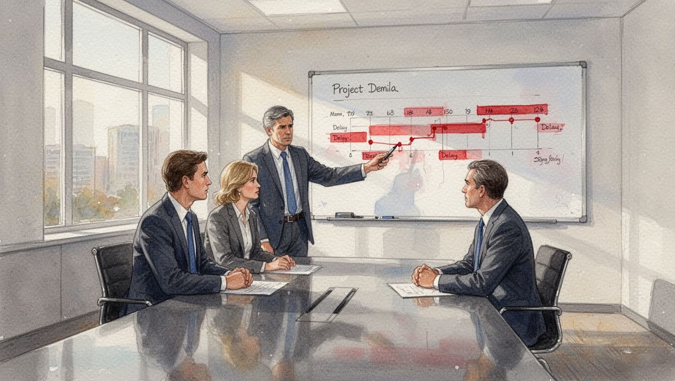 Three executives in conference room huddle around table and whiteboard with red-marked stalled project timeline, subtle frustration as one points.