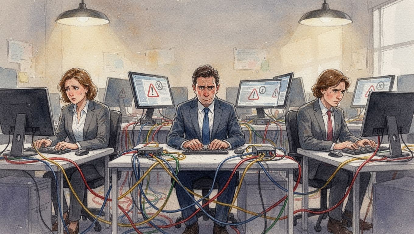 Watercolor illustration of three executives at desks surrounded by tangled colorful wires and error screens.