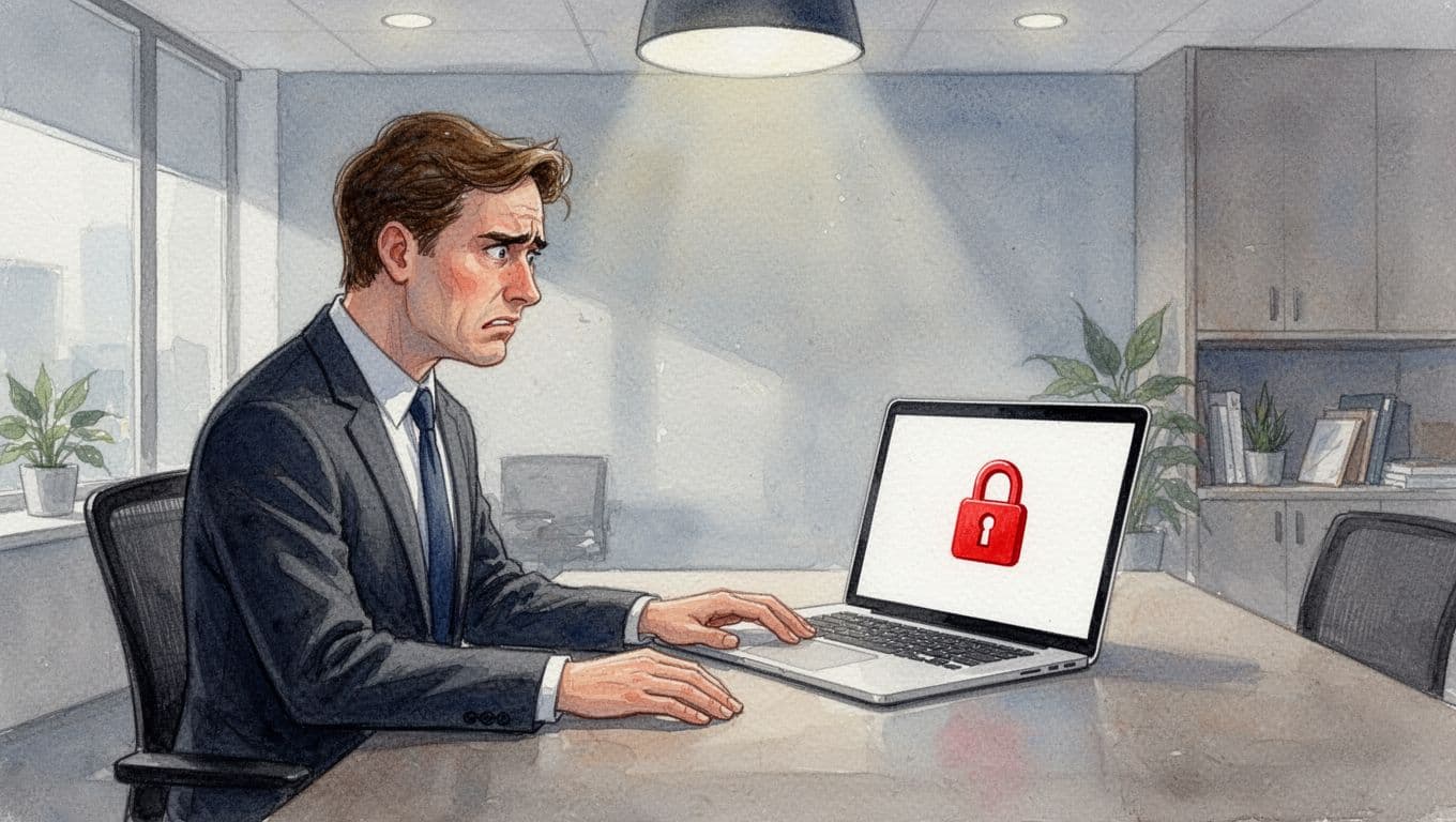 Side view of frustrated business manager in modern office, hands on desk, facing laptop with red padlock icon, watercolor style.
