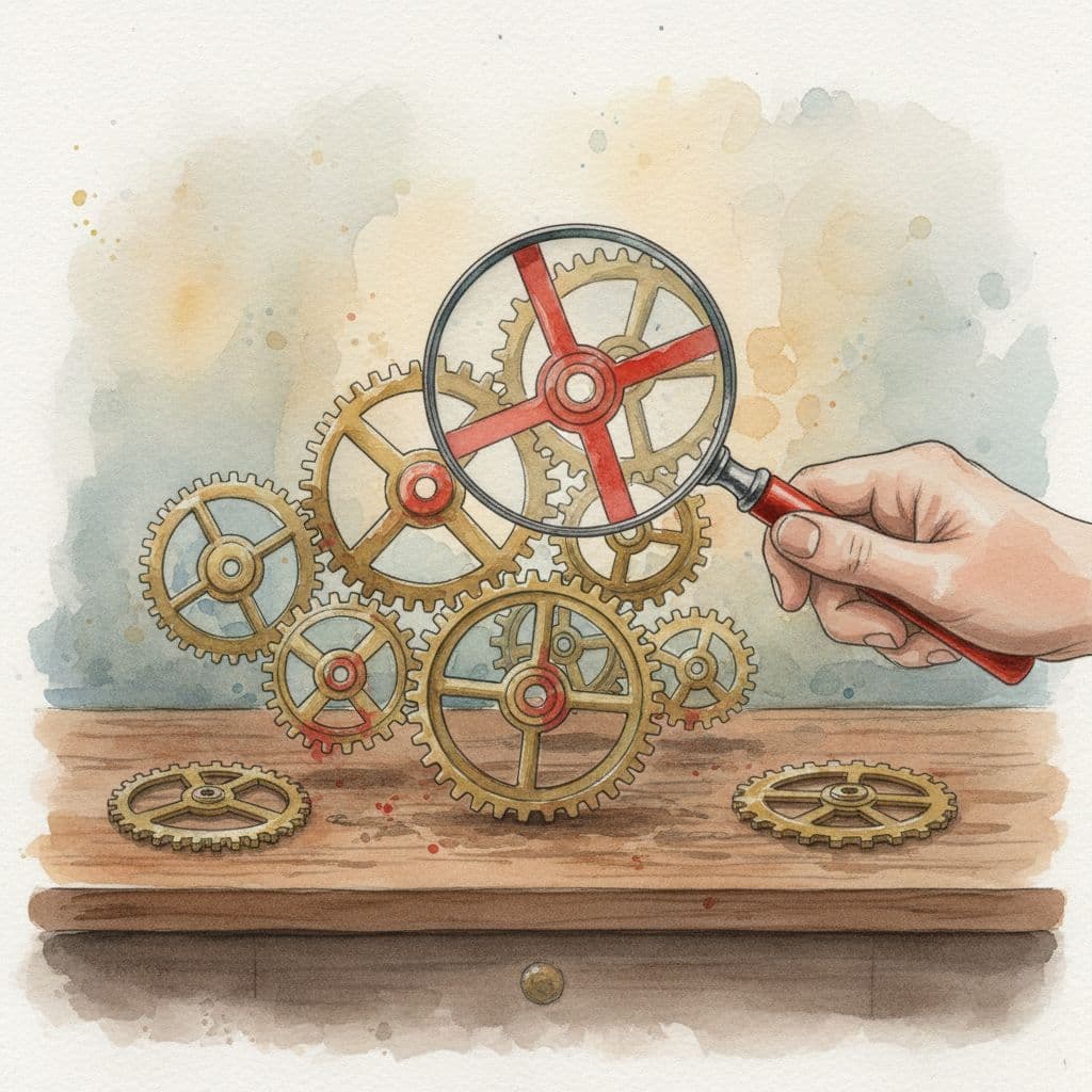 A detailed watercolor painting features a cluster of interlocking mechanical gear wheels sitting on a flat surface. A magnifying glass with a vibrant red handle inspects the intricate metal parts closely.
