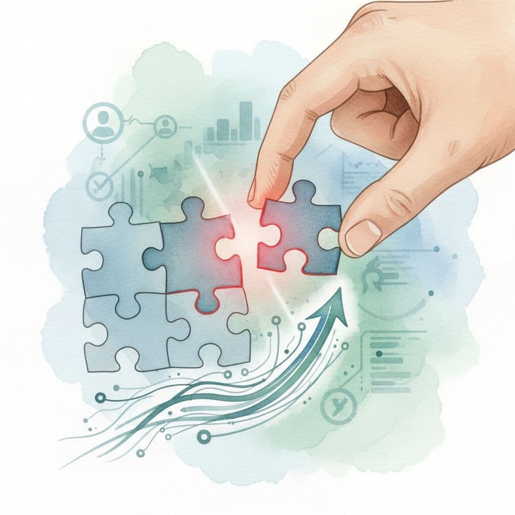 Watercolor hand assembles puzzle pieces into a picture, red highlights on subtle background.