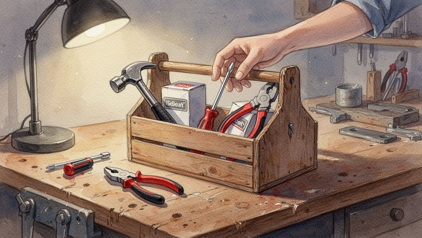 Watercolor desk cluttered with hammers, screwdrivers, software boxes; hand prunes some into toolbox.