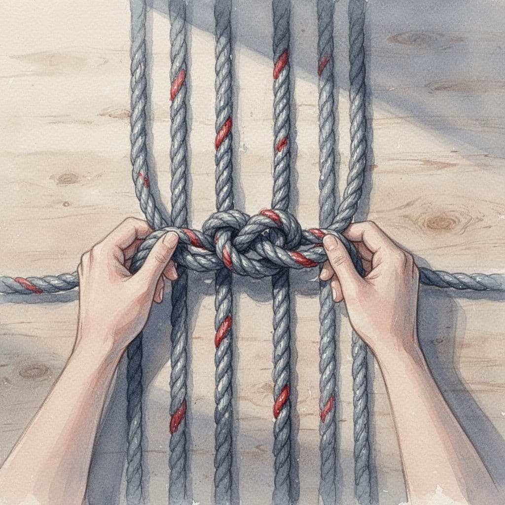 Two hands untangle thick knotted blue-gray rope with red accents into straight lines on wooden table in watercolor style.