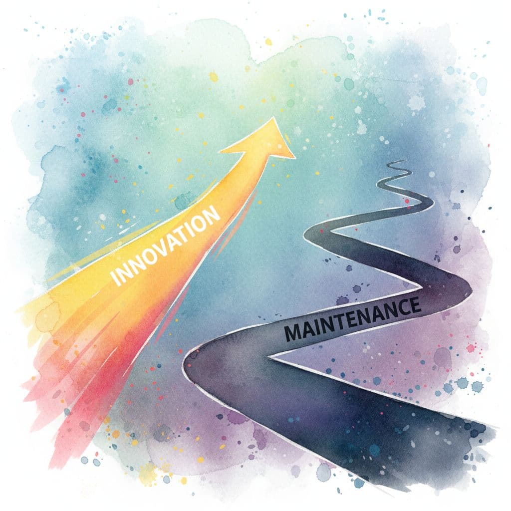 A watercolor illustration shows two distinct paths labeled Innovation ascending upward and Maintenance remaining flat and dark.
