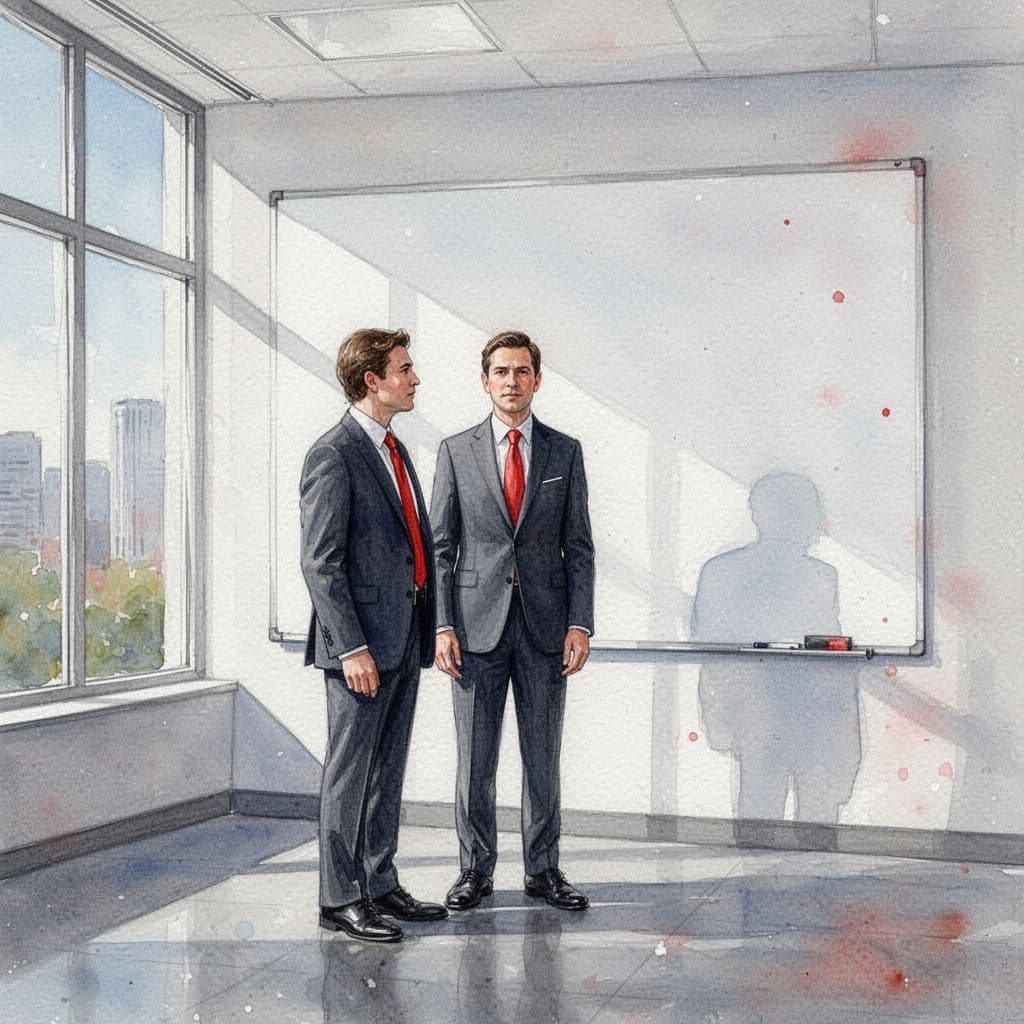 A focused executive stands before a whiteboard in a bright office rendered in a soft watercolor style.