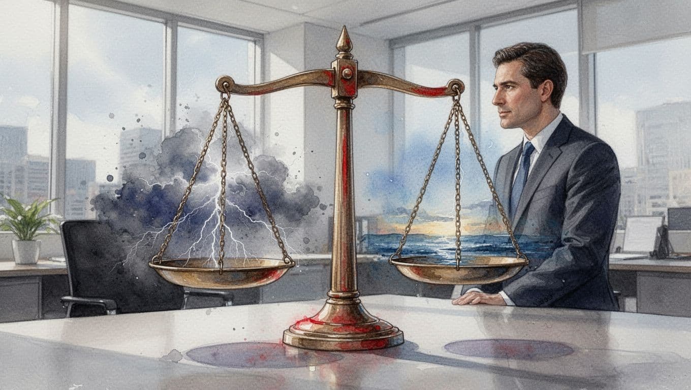 Balanced watercolor scale in office with Interim storm cloud side and Fractional calm horizon side, executive observes.