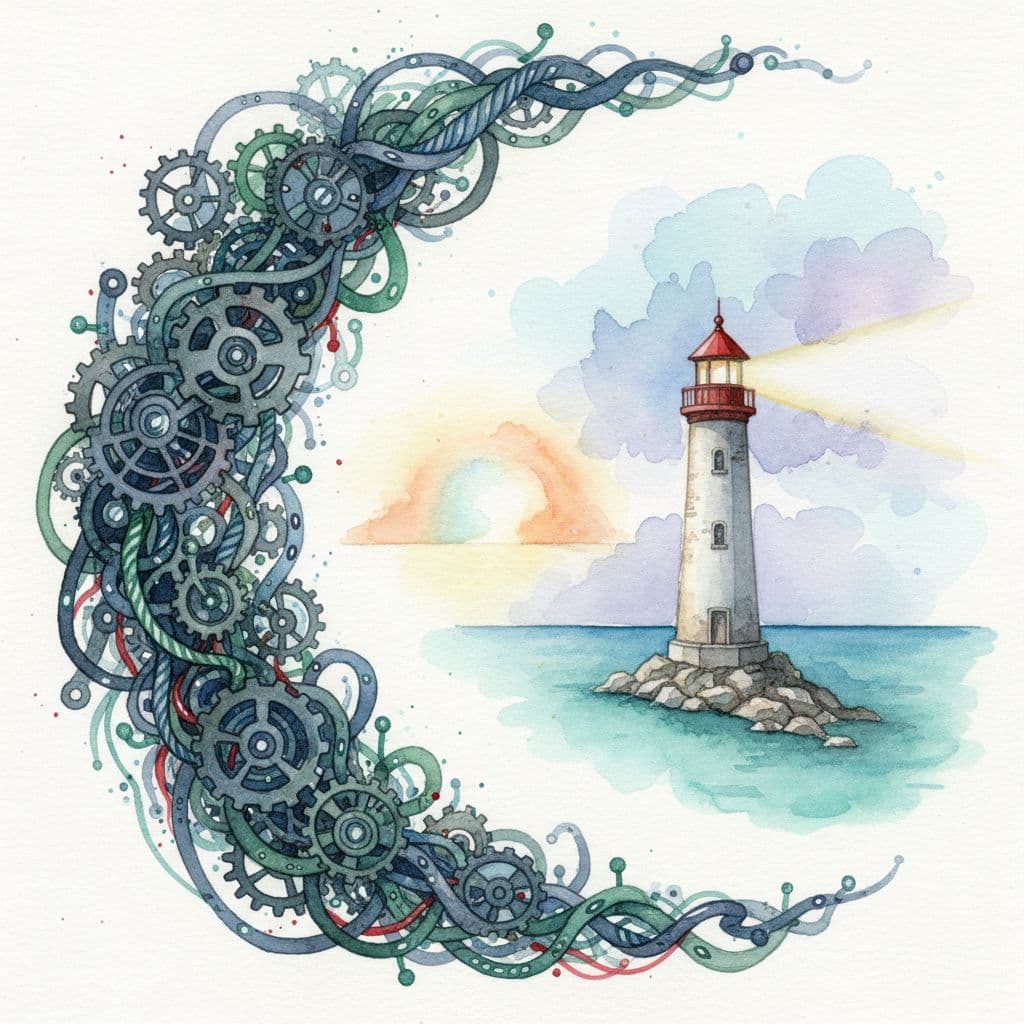 A watercolor illustration depicts interconnected gears representing IT operations alongside a lighthouse representing executive strategic leadership.