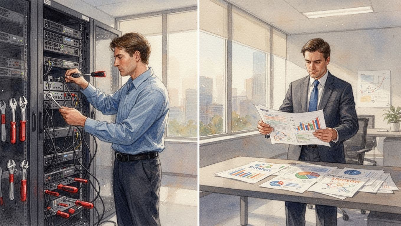 Split watercolor scene in modern office: left technician repairs server rack, right executive at desk with charts.